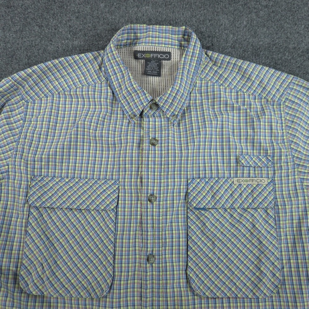 ExOfficio Air Strip Fishing Shirt Mens XXL Plaid Blue Vented Long Sleeve Outdoor